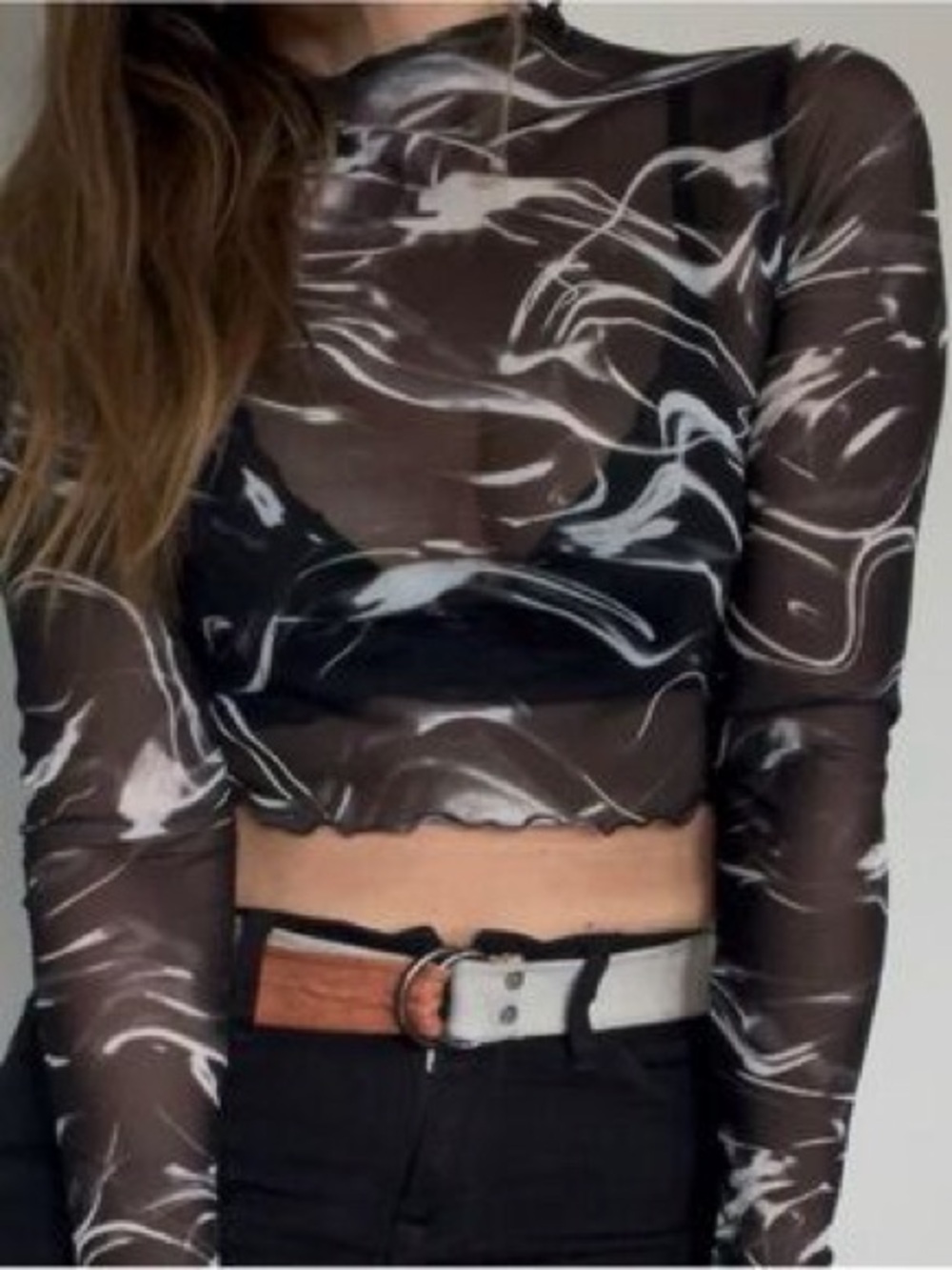 Sheer Lettuce Trim Long Sleeve Cropped Top
